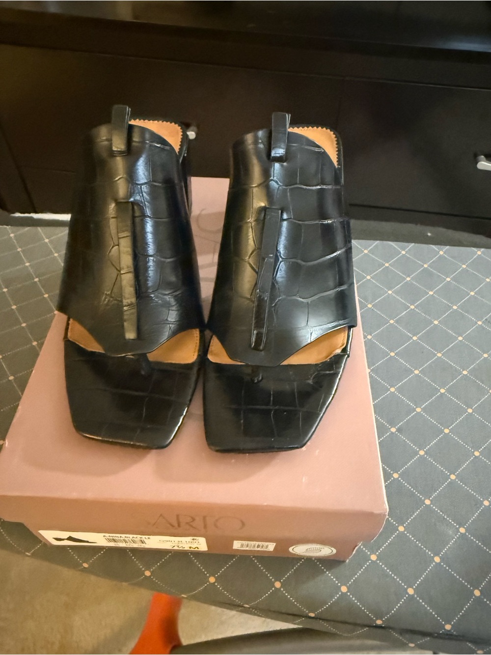 SARTO By Franco Sarto Black Croc-Embossed Slide Mules